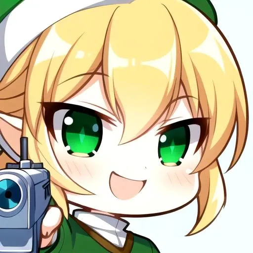 the face of a cute boy in a green tunic with a smug expression, smug, gun in hand, blond hair, blue eyes, <lora:Chibiv2:.65>, chibi, emoji, icon, white background,, (masterpiece), (incredible detail), 4k, (1boy),  best quality, incredible detail, 4k, masterpiece, hat, Link, the legend of zelda,  <lora:link_v1:.5>
