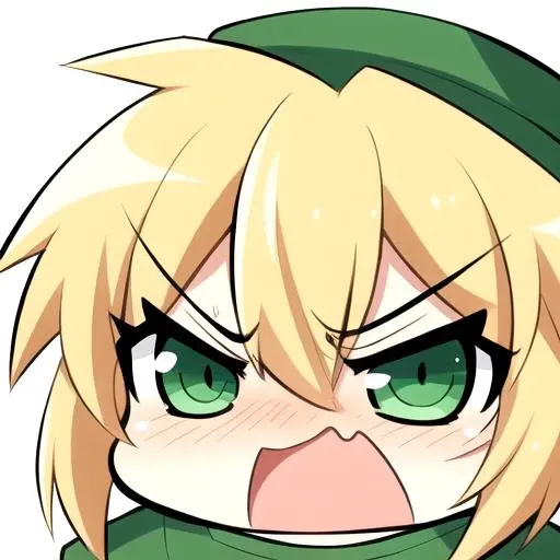 the face of a cute boy in a green tunic in a angry expression, angry, blond hair, blue eyes, <lora:Chibiv2:.65>, chibi, emoji, icon, white background,, (masterpiece), (incredible detail), 4k, (1boy), best quality, incredible detail, 4k, masterpiece, hat, Link, the legend of zelda, <lora:link_v1:.5>