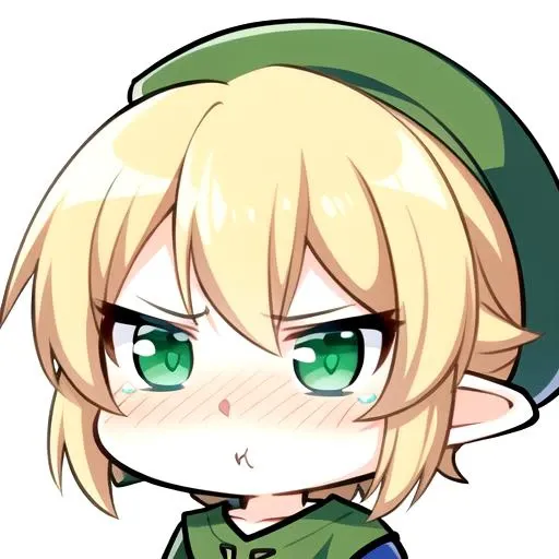the face of a cute boy in a green tunic in a pouting expression, pout, blond hair, blue eyes, <lora:Chibiv2:.65>, chibi, emoji, icon, white background,, (masterpiece), (incredible detail), 4k, (1boy), best quality, incredible detail, 4k, masterpiece, hat, Link, the legend of zelda, <lora:link_v1:.5>