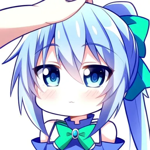 the face of a cute girl  in a blue outfit getting a head pat, (headpat), gun, blue hair, ponytail, blue eyes, <lora:Chibiv2:.5>, chibi, emoji, icon, white background, (masterpiece), (incredible detail), 4k, (1girl),  best quality, incredible detail, 4k, <lora:Aqua:.7>, green bow, exposed shoulders