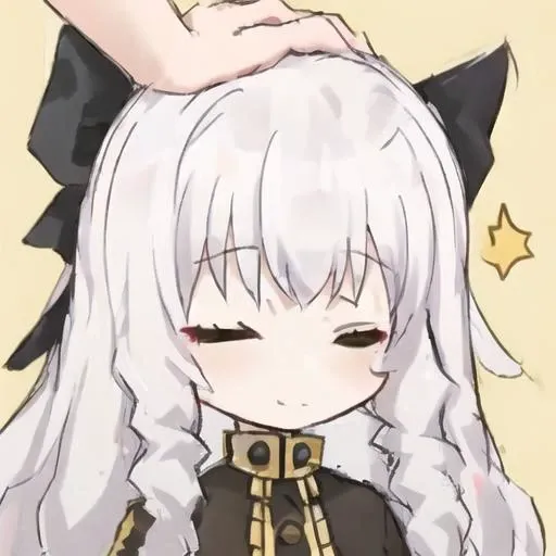 1girl, sketch, high quality, 1boy
,white hair, mehlo, closed eyes, yellow shirt, black hair bow
 ,head pat, chibi, emoji, icon, white background, hand on head