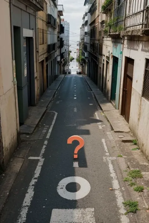 Question mark stamp on a street random place, urban background, close uo camera angle, telephoto, ultrarealistic, brazil urban city scenario