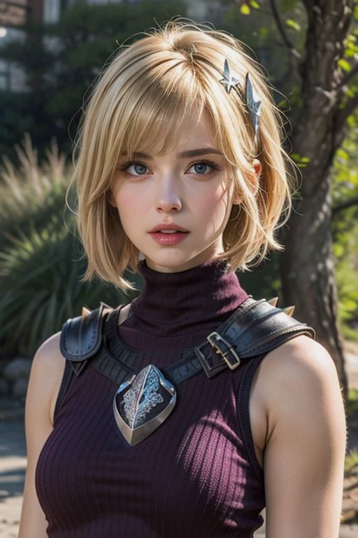 (8k),best quality, (photorealistic,realistic:1.2), 1girl, solo, detailed face, standing,(hair ornament:1.35), (small breasts,breasts out:1.2), bangs, lips,1girl,
(flipped hair),(short hair),(Blonde) ,(Blonde spiked hairstyle), cyan pupils, a lean and muscular body, a sleeveless dark purple turtleneck top, (armor on left shoulder),( Highland Claymore:1.5)