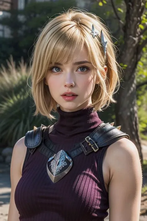 (8k),best quality, (photorealistic,realistic:1.2), 1girl, solo, detailed face, standing,(hair ornament:1.35),  (small breasts,breasts out:1.2), bangs, lips,1girl,
(flipped hair),(short hair),(Blonde) ,(Blonde spiked hairstyle), cyan pupils, a lean and muscular body, a sleeveless dark purple turtleneck top, (armor on left shoulder),( Highland Claymore:1.5)