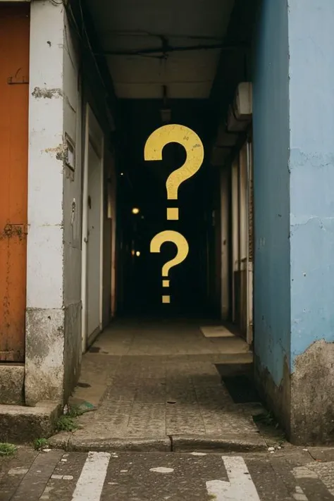 Question mark stamp on a street random place, urban background, close uo camera angle, telephoto, ultrarealistic, brazil urban city scenario