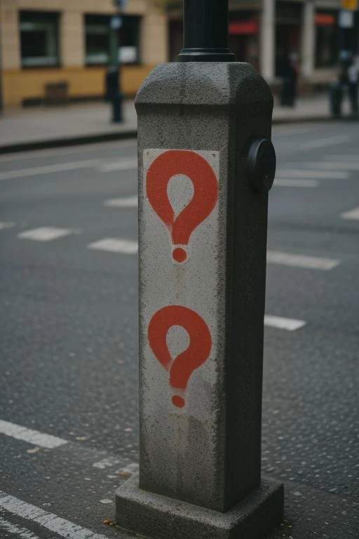 Question mark stamp on a street post, urban background, close uo camera angle, telephoto, ultrarealistic
