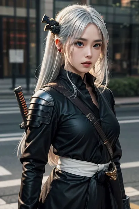 (8k),best quality, (photorealistic,realistic:1.2), 1girl, solo, detailed face, standing,(hair ornament:1.35),  (small breasts,breasts out:1.2), bangs, lips,1girl,
(very long silver-white hair:1.3), (the hair on both sides near the ears was shorter in the Shinra warrior era), blue eyes, slightly pointed pupils, wearing an all-black button-down coat and silver shoulder armor, with a black cross-shaped belt on her chest,wears gloves and is left-handed, ( katana:1.3), (holding 180 cm katana),