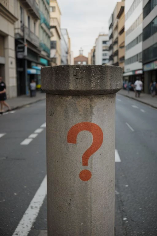 Question mark stamp on a street post, urban background, close uo camera angle, telephoto, ultrarealistic, brazil urban city scenario