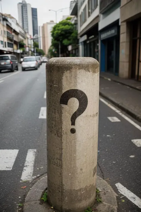 Question mark stamp on a street post, urban background, close uo camera angle, telephoto, ultrarealistic, brazil urban city scenario
