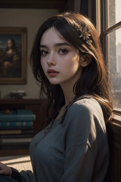 (8k),best quality, (photorealistic,realistic:1.2), 1girl, solo, detailed face, standing,(hair ornament:1.35), (small breasts,breasts out:1.2), bangs, lips,1girl,Rainbow hair,
((masterpiece, best quality, high quality, highres, ultra-detailed)), (oil painting:0.1), (best quality, 8K, high resolution, extreme detail, outstanding composition:1.4), art by Jeremy Mann, dramatic light, aesthetic of hard - edge painting:0.1), a low-key digital painting depicting Mona Lisa sitting in her castle, holding an audience. The room is dusty, with rays of light cutting through the gloom, creating a moody atmosphere. Mona Lisa watches city siege from a window in her castle, her expression both powerful and contemplative. The room is detailed, with intricate Roman architecture and subtle hints of luxury and decay. Capture the intrigue and drama of ancient Rome in this captivating and detailed artwork, low key portrait, half of face illumated, glimmer in her eye, moody portrait, dust in the air. Constantinople is about to be lost. Wellingtons, full body, oil on canvas, (ivan aivazovsky:0.1), (best quality, high resolution, extreme detail, outstanding composition, masterpiece:1.4), award winning, (aesthetic of conceptual art with volcanic atmosphere:0.5), screen space reflections (ssr), absolute sharpness, f/11, symmetry and balance, distinctive breathtaking magnum with delicate details, epic shot, action shot, moody picture,