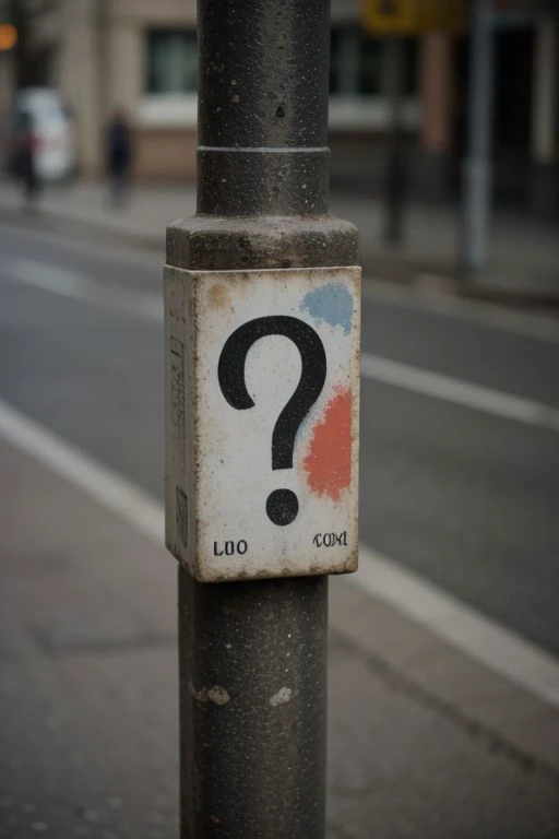 Question mark stamp on a street post, urban background, close uo camera angle, telephoto, ultrarealistic
