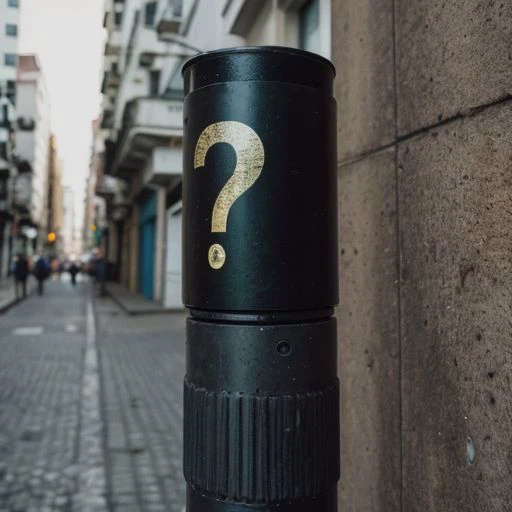 Question mark stamp on a street post, urban background, close uo camera angle, telephoto, ultrarealistic, brazil urban city scenario
