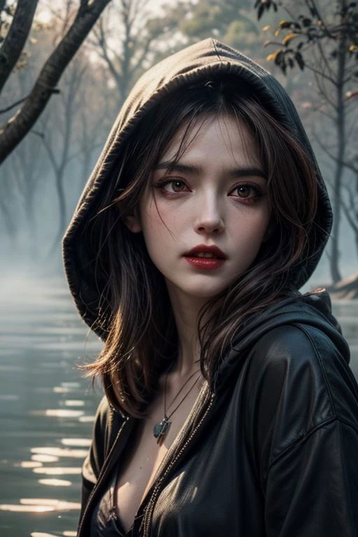 (8k),best quality, (photorealistic,realistic:1.2), 1girl, solo, detailed face, standing,(hair ornament:1.35), (small breasts,breasts out:1.2), bangs, lips,1girl,
(((masterpiece))), best quality, highly detailed,extremely detailed CG unity 8k wallpaper,illustration, (red eyes:1.4), pointy ears, (vampire:1.3), wet, partially submerged, necklace, hair flower, ocean, full body shot, high close up, highly detailed, center frame, sharp focus, looking at viewer,comic,
((stacked papercut art)) of "in this haunting glade, stands at the edge of a turbulent lake, its waters churning with an unseen force that stirs the misty veil clinging to her skin like a shroud of unease. the hooded figure's eyes burn with a faint, flickering light that casts eerie shadows on the surrounding trees, whose branches twist and writhe in agony as if tormented by some dark presence. crimson robes, once flowing and majestic, now hang tattered and torn, their colors muted by the oppressive atmosphere. as she raises her hands, the mist swirls around her with an unwholesome malevolence, coalescing into grotesque shapes that seem to be drawn to her outstretched palms like dark magnets. the air is heavy with a sense of foreboding and dread, as if the very fabric of reality is about to tear apart under the weight of some ancient, malevolent force." . 3d, layered, (vibrant contrasting colors), dimensional, depth, precision cut, stacked layers, papercut, (high contrast)