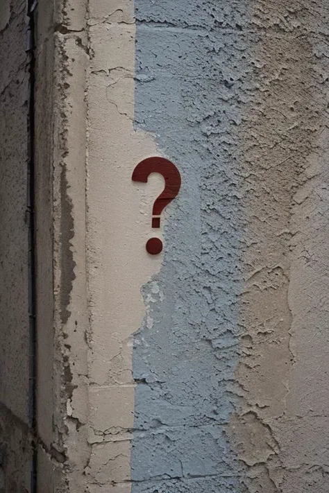 Question mark stamp on a street wall, urban background, close uo camera angle, telephoto, ultrarealistic, latina america city