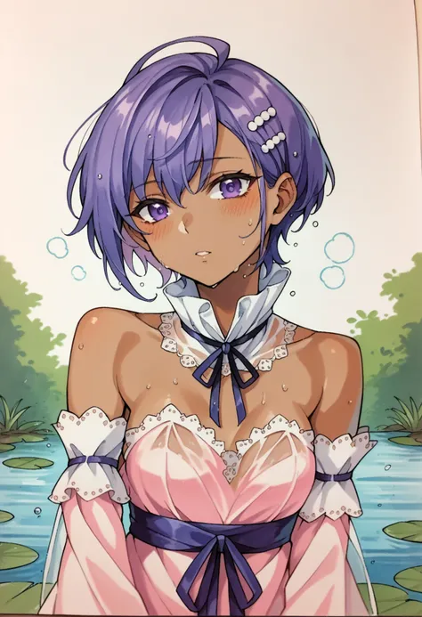 score_9, score_8_up,score_7_up, source_ anime, traditional art,
BREAK
pond,
BREAK
SerenityLostRoom, dark-skinned female, purple hair, purple eyes, short hair, hair ornament, detached collar, pink dress, bare shoulders, detached sleeves, see-through, wet
<lora:Traditional_art_v4_USENEG:-0.8> <lora:ChamHassanOfSerenityPonyXL:0.8>