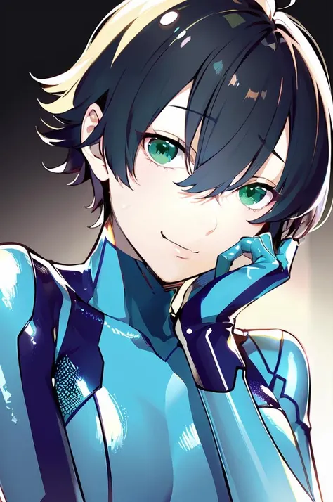 ultra detailed, masterpiece, best quality, solo, <lora:HerrscherAGGA2023_Trap_V1:1> AGGA_STT001, trap, sexy boy, femenine boy, 
1boy, green eyes, short hair, (black hair:1.3), bangs, hair between eyes, messy hair,
finger to mouth, hand on own chin, head tilt, light smile, 
 <lora:zerosuit-nvwls-v1-final:0.9> zero suit, blue gloves, high heels,