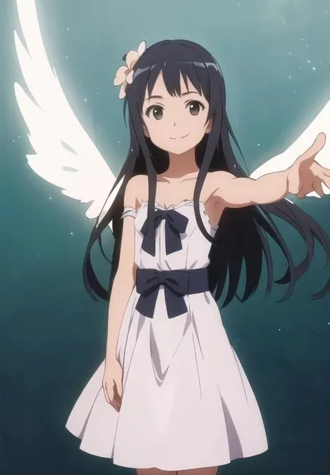 1girl, Shio, short twin tails, dark blue hair, light blue eyes, detailed wedding dress, angel wings, autumn, leaves falling, happy <lora:sugarlifeshio01:1>