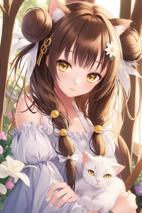 1girl, cat ears, brown hair, yellow eyes, depth of field, double bun, flower, hair flower, hair ornament, jewelry, long hair, moogle, cat toy, tree, white flower <lora:SKStyle_twinkle_cute_3:1>