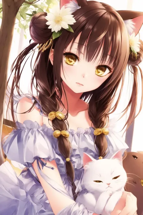 1girl, cat ears, brown hair, yellow eyes, depth of field, double bun, flower, hair flower, hair ornament, jewelry, long hair, moogle, cat toy, tree, white flower <lora:SKStyle_twinkle_cute_4:1>