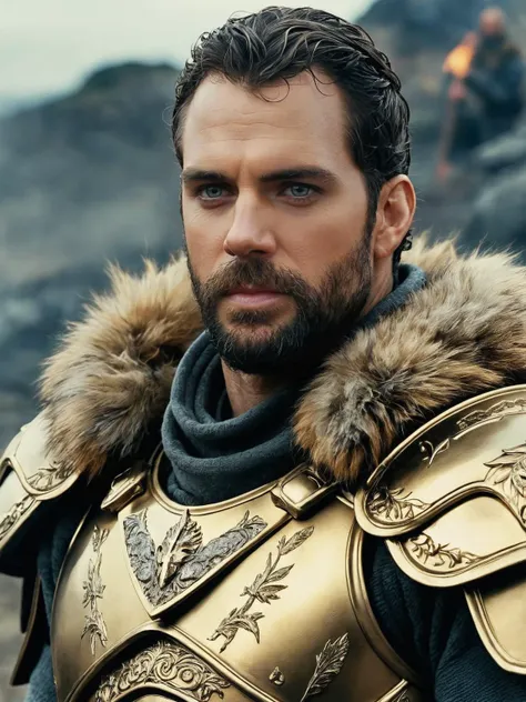 Dystopian style h3nryk4v1l , facial hair, grey eyes, wearing fur armor, king of fire and gold, movie still, action shot  <lora:h3nryk4v1l-Lora:1> . Bleak, post-apocalyptic, somber, dramatic, highly detailed