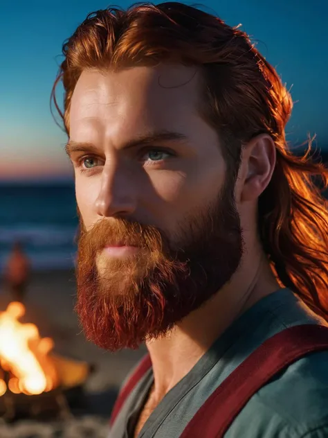 cinematic photo h3nryk4v1l , beard, grey eyes, long red hair, beach, night time, firecamp, movie still, action shot <lora:h3nryk4v1l-Lora:1> . 35mm photograph, film, bokeh, professional, 4k, highly detailed