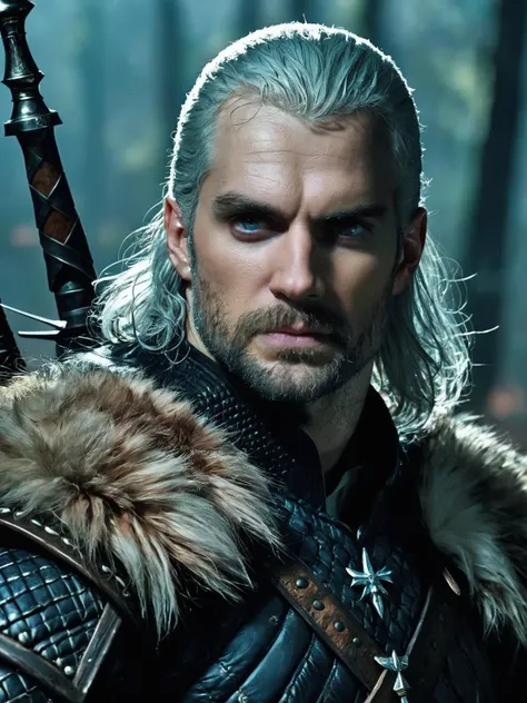 Horror-themed h3nryk4v1l , facial hair, grey eyes, wearing fur armor, the witcher, movie still, action shot <lora:h3nryk4v1l-Lora:1> . Eerie, unsettling, dark, spooky, suspenseful, grim, highly detailed