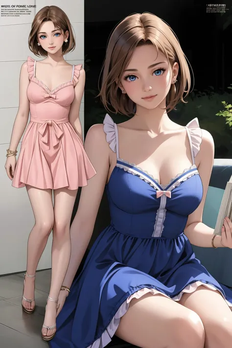 8k high quality detailed,highres,comic,anime,detailed image,
(an illustration of a teenage girl sexy posing,dramatic_scene, (an illustration of girl,teenage girl)),magazine_illustration,(multiple view manuscript),magazine advertisement,
(1girl,asian_female,hazel hair, very short hair, blue eyes, thin|skinny, medium breasts),Cheerful Smile,detailed_face,realistic_skin_texture,
(Seated on a velvet cushion in a serene meditation pose, she radiates peace and inner harmony:0.6),
(, MIS,frilled dress,loose_fitting),realistic clothing texture,<lora:MIS_20240423173725:0.55>