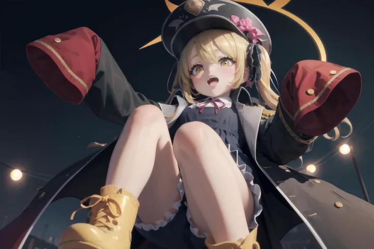 1girl,solo,extremely detailed,high quality,highres,16K,RAW,ultra highres,ultra details,finely detail,an extremely delicate and beautiful,extremely detailed,lovely sweet cute moe face,glowing skin,blush cheeks,cinematic lighting,sharp focus bokeh,highlight cinematicpostprocessing,intricate human hands fingers,thighs,pale skin,(masterpiece, top quality, best quality, official art, beautiful and aesthetic:1.2),hair between eyes,(from below:1.2),ibuki \(official outfit\) \(blue archive\),long hair,bangs,twintails,hair ribbon,black ribbon,military hat,hat bow,demon wings,demon tail,demon horns,halo,white shirt,neck ribbon,red ribbon,black coat,open coat,sleeves past wrists,pleated dress,black dress,bloomers,boots,yellow footwear,teddy bear,<lora:ibuki (blue archive):1>,open mouth,(smug:1.2)