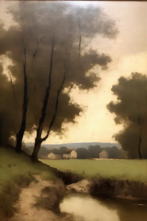 <lora:Jean-Baptiste-Camille Corot Style:1>Jean-Baptiste-Camille Corot Style - An oil painting of a vintage landscape, influenced by the Barbizon School, with inspiration from Camille Corot. The scene depicts a serene countryside bathed in soft, muted light. The colors are earthy and harmonious, with a gentle interplay of greens and browns. The brushwork is delicate and nuanced, capturing the quiet beauty of nature. Soft, diffused edges and subtle blurring create a sense of tranquility and evoke a nostalgic ambiance.