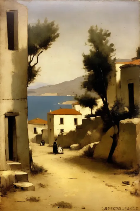 <lora:Jean-Baptiste-Camille Corot Style:1>Jean-Baptiste-Camille Corot Style - old greece village, beach, vintage painting