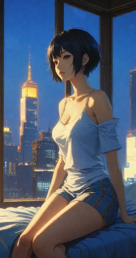 a woman sitting on a bed in a room with a window and a city view behind her, with her legs crossed, by Leiji Matsumoto, A beautiful slender girl with short black hair, sitting near her window, melancholia, sundown, cityscape, night lights, late blue hour, atmospheric lighting, 8k, The painting has a simple composition, with just three primary colors: red, blue and yellow. However, it is also packed with hidden meanings and visual complexities, digital art, Masamune Shirow