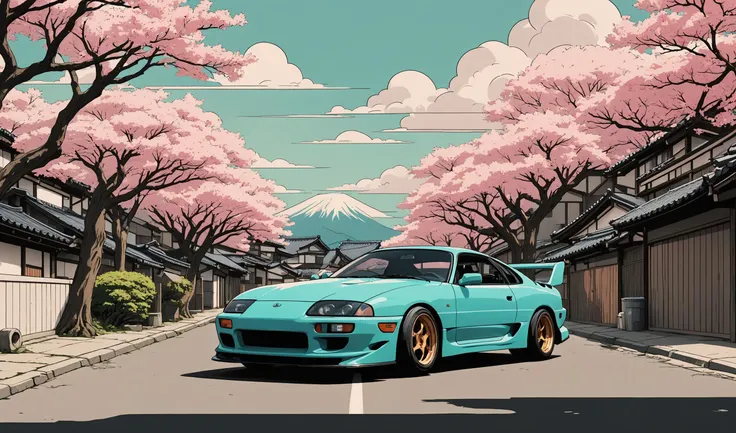 Toyota Supra wheels turned in japan village, 90s japan, front photo, 7000mm film, sakura tree, back front view, simple anime style, 2D, celshading, thick lineart, heavy black ink lines, posterized, flat color, celshading, toonshading, Cartoon Rendering, Flat Shading, Graphic Novel Style, minimal shading, flat shading, hard color shading