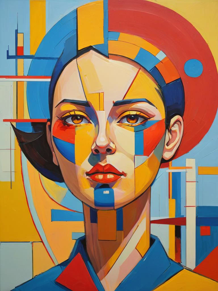 constructivist style abstract oil painting. energetic brushwork, bold colors, abstract forms, expressive, yellow, blue, red and orange color palette, emotional, bring spring mood (portrait:0.2) . geometric shapes, bold colors, dynamic composition, propaganda art style