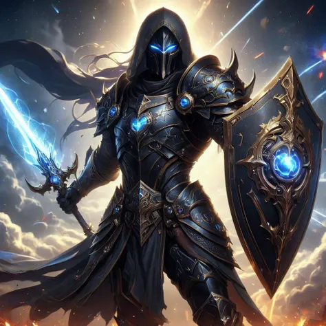 an anime image of a fantasy game knight, wielding a galaxy Sword and shield, galaxy print on the sword and shield, wearing black armor, allay in background, digital art, HD, masterpiece, best quality, hyper detailed, ultra detailed,