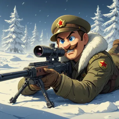cartoon illustration of Mario laying down in snow holding Sniper Rifle, Soviet Army uniform,fur Soviet hat, <lora:XL_Weapon_Sniper_Rifle_-_By_HailoKnight:0.7>,
