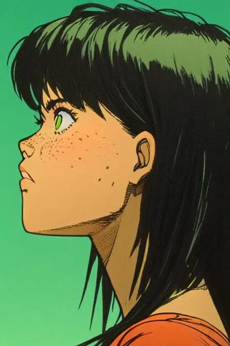 masterpiece, realistic, 8k, (1woman:1.3), european, small face freckles, hazelnut green eyes, (black hair:1.1) <lora:A_Mullet_Cut_SDXL_v3.1:1> mullet hair <lora:Akira_Style_XL:1> akira style, comic, (side view:1.1)