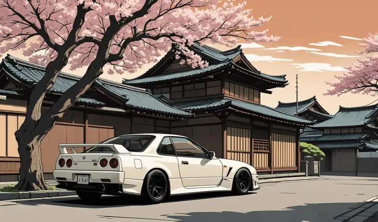 nissan r32 gtr parked in  japan village, 90s japan, front photo, 7000mm film, sakura tree, back front view, simple anime style, 2D, celshading, thick lineart, heavy black ink lines, posterized, flat color, celshading, toonshading, Cartoon Rendering, Flat Shading, Graphic Novel Style, minimal shading, flat shading, hard color shading