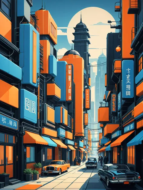 Extremely detailed, badass poster design, Art Noir/Art Deco. The artwork features an old, retro traditional patchwork of a busy town, Minimalist color scheme of blue and orange
<lora:xl_more_art-full_v1:0.5>, style by Hsiao-Ron Cheng, intricate flat drawing, bright pastel, ultra realistic, simple composition, fun colors, high contrast, Unreal Engine, highly detailed