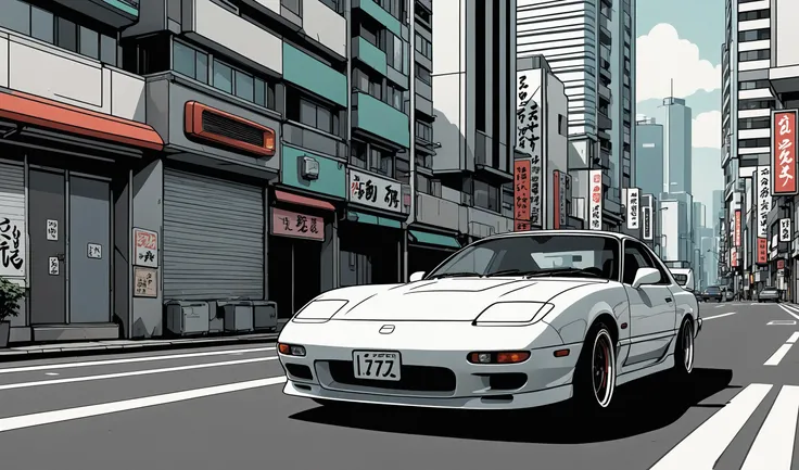 Mazda RX-7 parked in japan city, JDM drift, 90s japan, (front photo:1.2), skyscraper in background, back front view, simple anime style, 2D, celshading, thick lineart, heavy black ink lines, posterized, flat color, celshading, toonshading, Cartoon Rendering, Flat Shading, Graphic Novel Style, minimal shading, flat shading, hard color shading