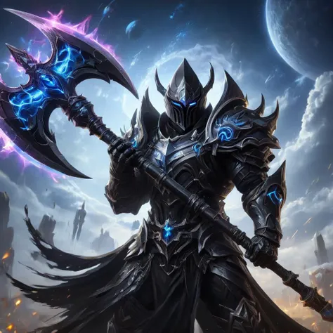 an anime image of a fantasy game knight, wielding a galaxy Battleaxe, galaxy print on the battleaxe, wearing black armor, allay in background, digital art, HD, masterpiece, best quality, hyper detailed, ultra detailed,