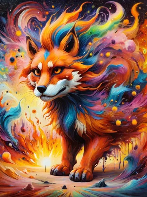 expressionist painting of firefox putting out the dawn, made from from pollen and homey, energetic brushwork, bold colors, abstract forms, expressive, emotional, <lora:ral-dissolve-sdxl:0.8> ral-dissolve , <lora:ral-varnish-sdxl:1.0> ral-varnish