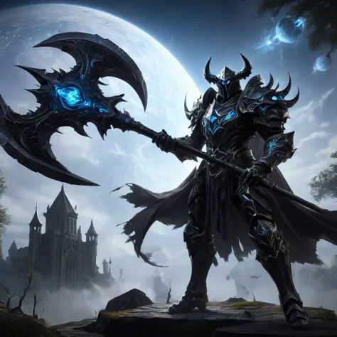 an anime image of a fantasy game knight, wielding a galaxy Battleaxe, galaxy print on the battleaxe, wearing black armor, allay in background, digital art, HD, masterpiece, best quality, hyper detailed, ultra detailed,
