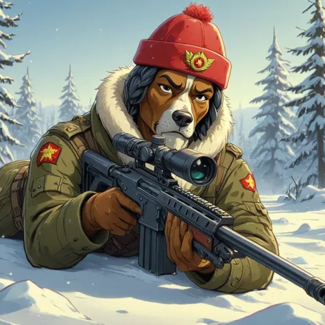 cartoon illustration of Snoop Dog laying down in snow holding Sniper Rifle, Soviet Army uniform,fur Soviet hat, <lora:XL_Weapon_Sniper_Rifle_-_By_HailoKnight:0.7>,