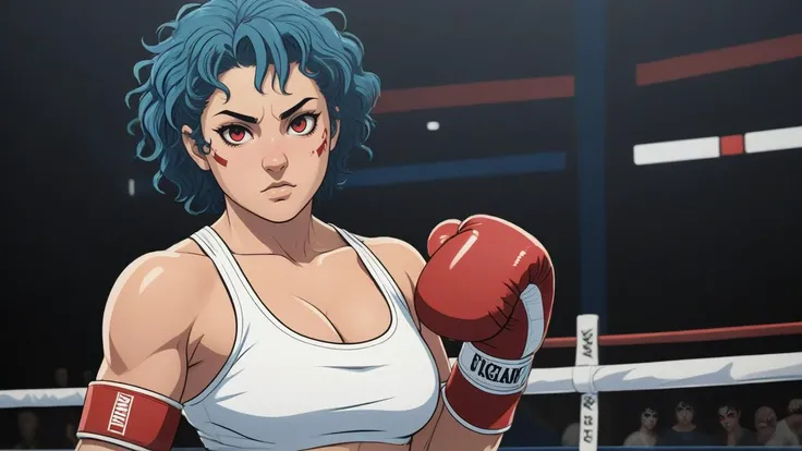 graphic novel flat colors style, cropped detail, ,thick lineart, heavy black ink lines, hatched shadows,
of a girl on boxing ring,
1girl, solo, medium breasts, red_eyes, medium hair, blue_hair, curly hair, messy hair, kickboxer outfit, white top with a text, word "Galano", black boxers, bandages on wrist
Graphic Novel Style
<lora:texta:1>