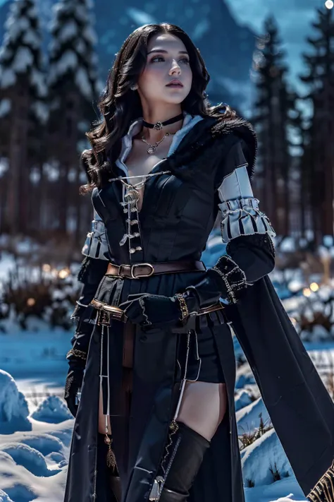 realistic, realistic details, detailed, (((1 girl, cute, solo, solo focus, delicate, beautiful, slender, thin thigh, thigh gap, long hair, medium breast, cleavage, xynf, yennefer, choker, dress, jewelry, necklace, thigh high, thigh boots, gothic, black mage robe, robe, black cape, hood, leather trouser, looking at viewer, night, perspective, depth of field, blurry background, sharp focus, focus on face, perspective, (((fantasy environment))), outdoor, snowy mountain))) (ulzzang-6500-v1.1:0.3) <lora:C_AnyaG_v1a:0.6> <lora:A_Yen_Cosplay:0.9>
