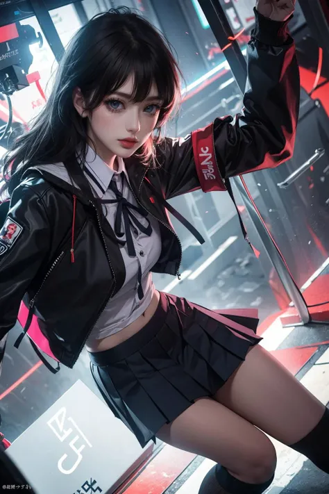 school girl 16 yo, pleated skirt, looking at viewer, from front, japan cyberpunk background, (dramatic angle, dynamic pose)