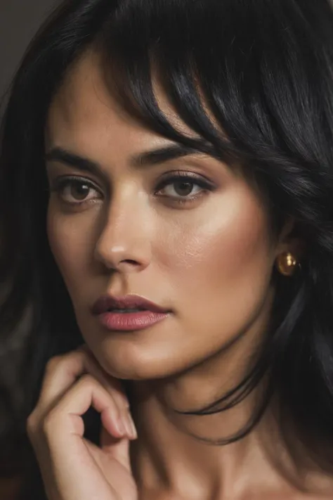 face shot of mca, (serious look), (black hair), (hand on chin), Photorealistic, Hyperrealistic, Hyperdetailed, analog style, hip cocked, demure, detailed skin, matte skin, soft lighting, subsurface scattering, realistic, heavy shadow, masterpiece, best quality, ultra realistic, 8k, golden ratio, Intricate, High Detail, film photography, soft focus, detailed skin texture, (blush:0.5), (goosebumps:0.5), subsurface scattering,<lyco:MariaCucinotta-RealVision-V1.0:1.0>
