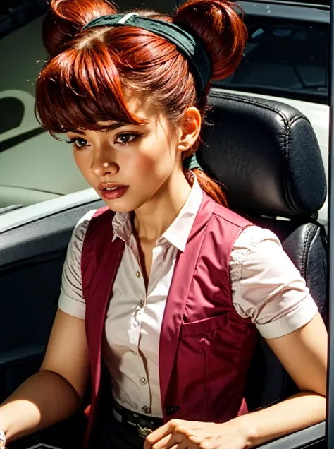 <lora:Jayce_and_the_Wheeled_Warriors:0.8>,<lora:add_detail:0.5>,<lora:boldline:-0.2>,<lora:noline:0.3> 1girl, solo, upper body, red hair, twin tails, flora, white shirt, pink vest, driving a car, cockpit view, vines outside
