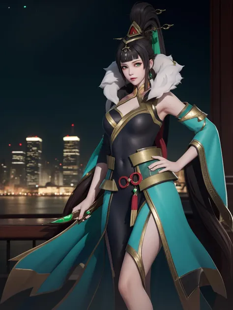 WZRYhuamulanRLZ, 1girl, solo, black hair, long hair, hair ornament, green eyes, detached sleeves, high ponytail, dress, bangs, fur trim, <lora:WZRYhuamulanRLZ:0.75>,cityscape, night, looking at viewer, mature female, hand on hip, yoga pants,