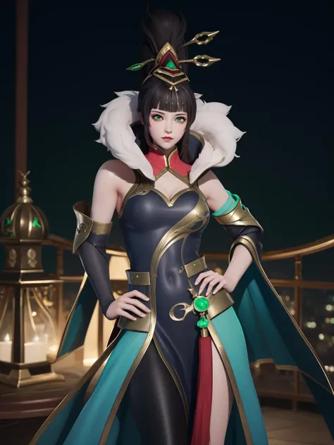 WZRYhuamulanRLZ, 1girl, solo, black hair, long hair, hair ornament, green eyes, detached sleeves, high ponytail, dress, bangs, fur trim, <lora:WZRYhuamulanRLZ:0.75>,cityscape, night, looking at viewer, mature female, hand on hip, yoga pants,